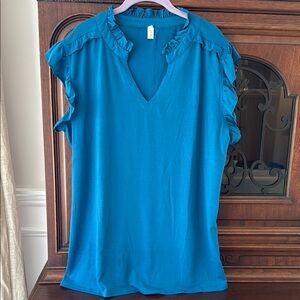 Women's Blue Ruffle V-Neck Top-XL